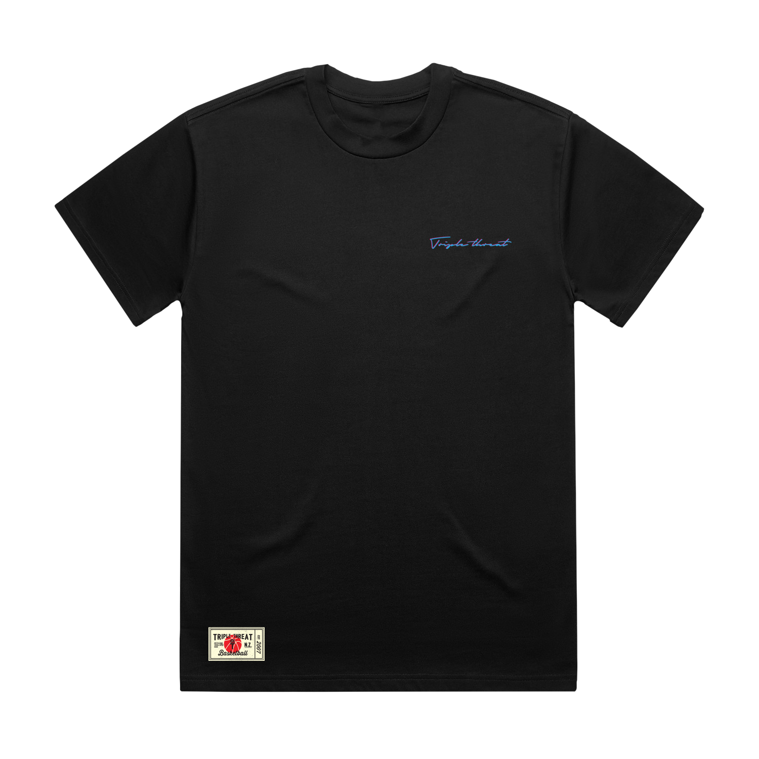 Front view of black Triple Threat T-shirt featuring a script design of the words "Triple Threat" in blue and pink