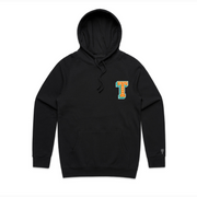 Black hoodie with chenille Triple Threat in teal and orange