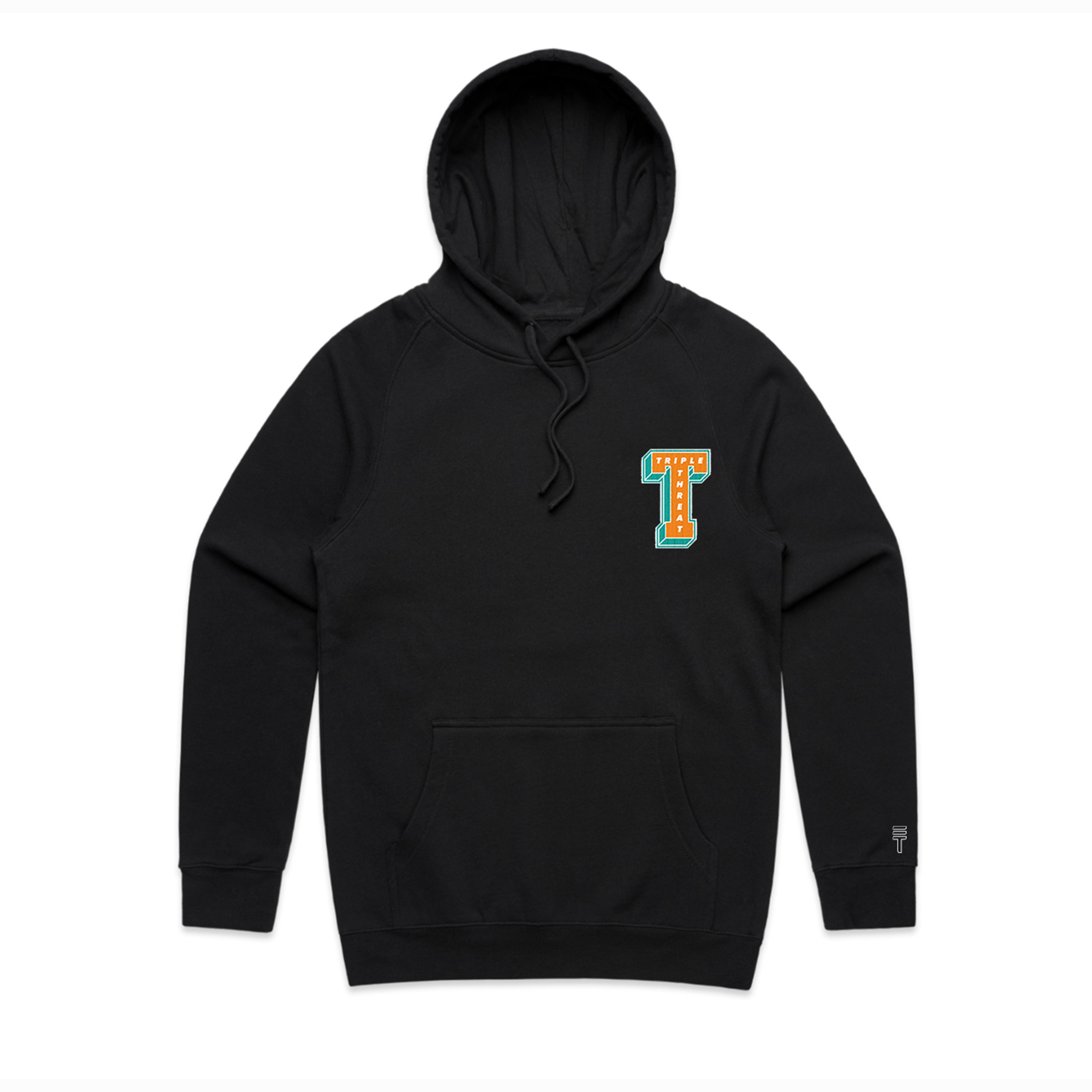 Black hoodie with chenille Triple Threat in teal and orange