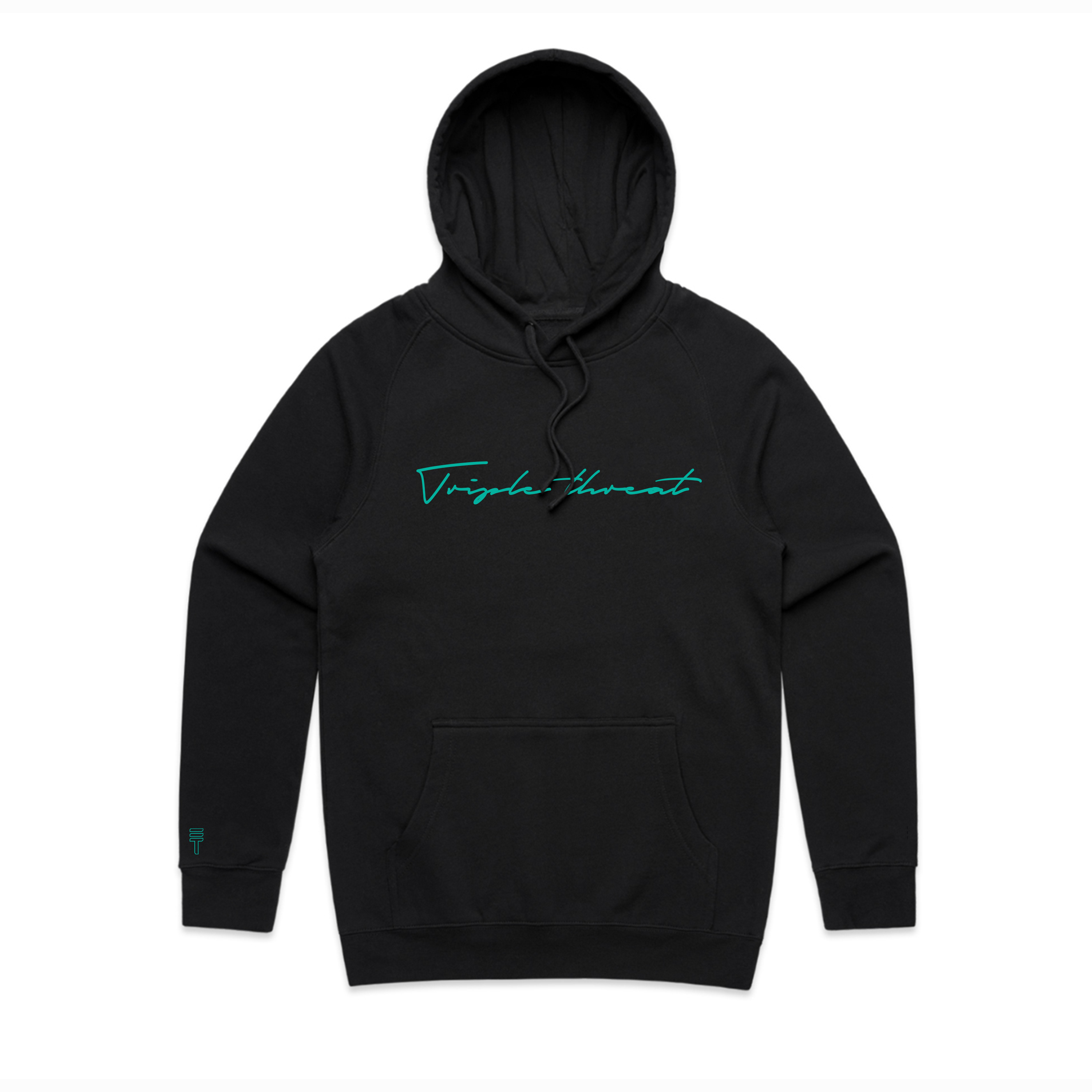 Black hoodie with mint green script of the text "Triple Threat"