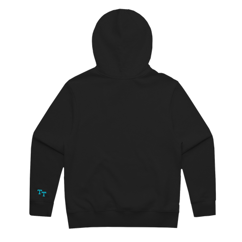 back of black hoodie with "TT" embroidered in light blue on the bottom of the left sleeve