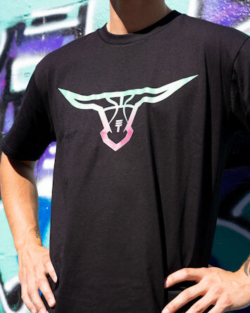 Close up of model wearing Triple Threat Buffalo T-shirt