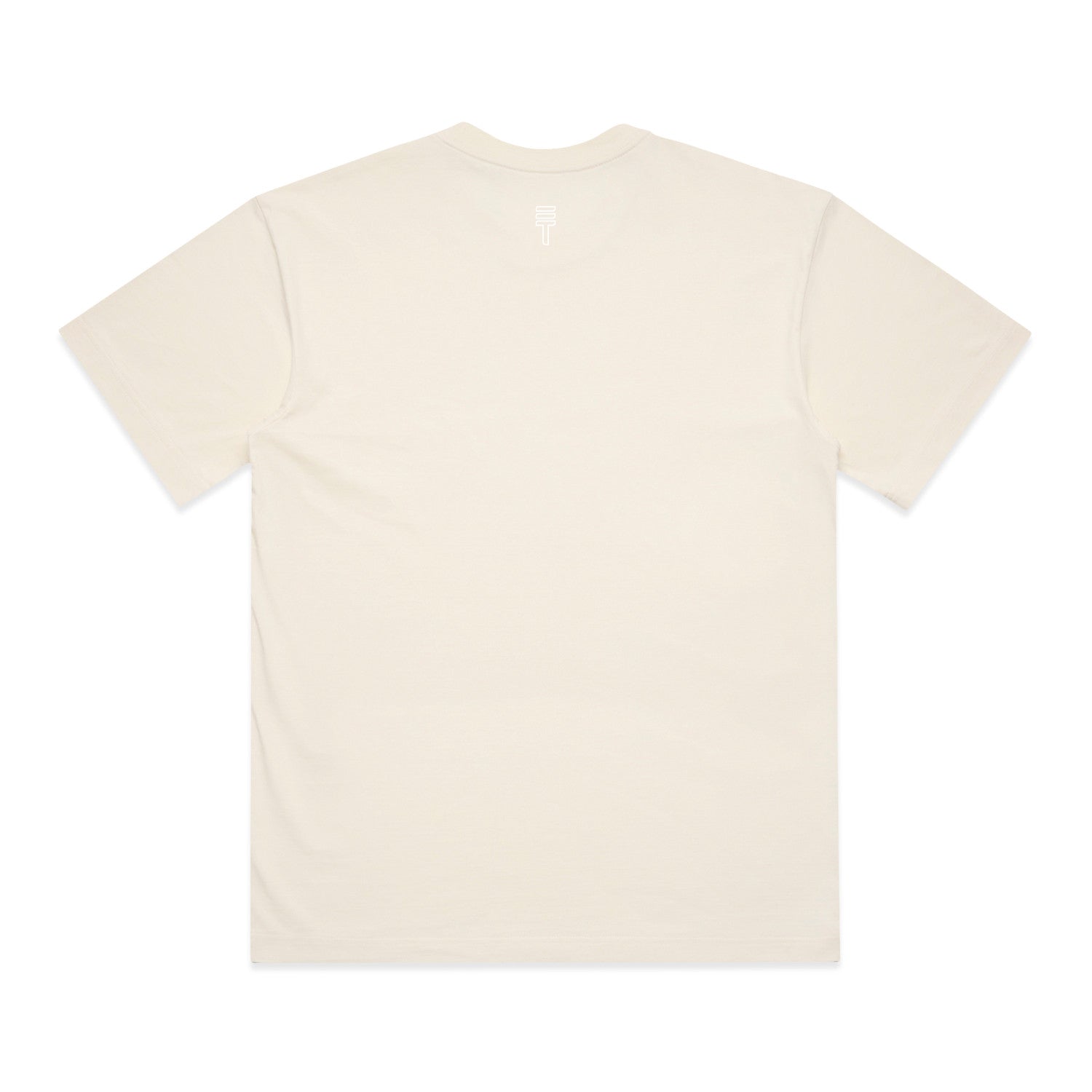 Back view of a cream t-shirt with white Triple Threat T logo on a white background