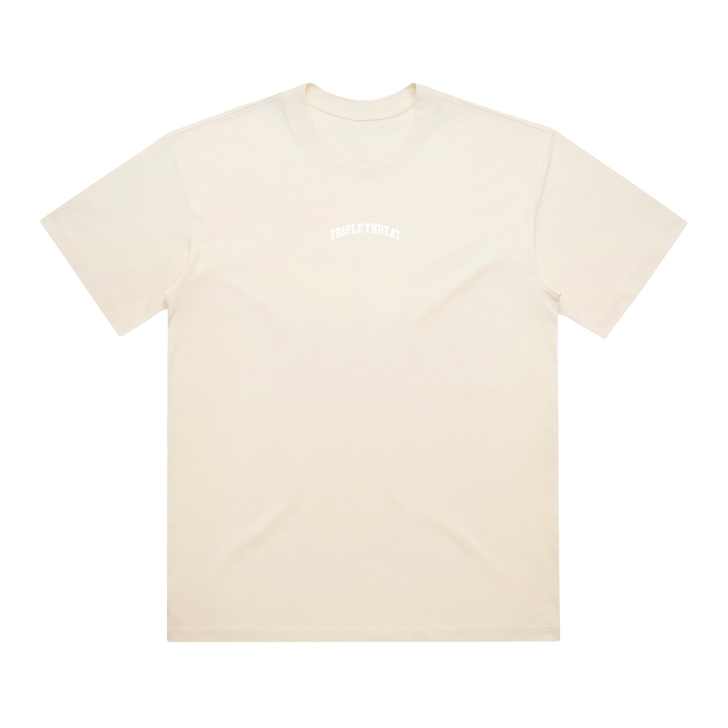Cream t-shirt with 'Triple Threat' logo in white on a white background