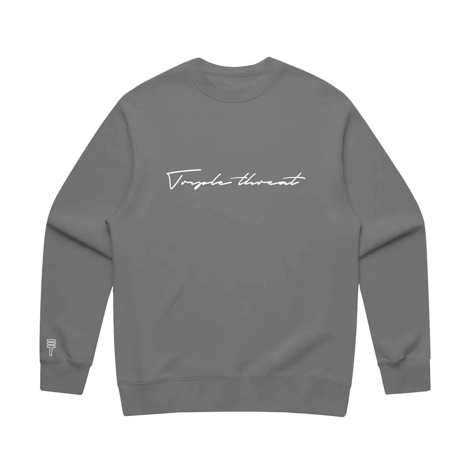 Grey sweatshirt with white embroidered Triple Threat script logo on a white background