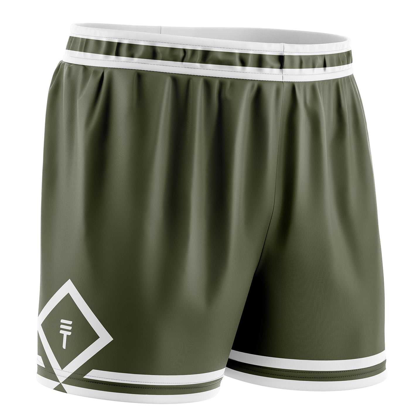 Army green basketball shorts with white accents on a white background