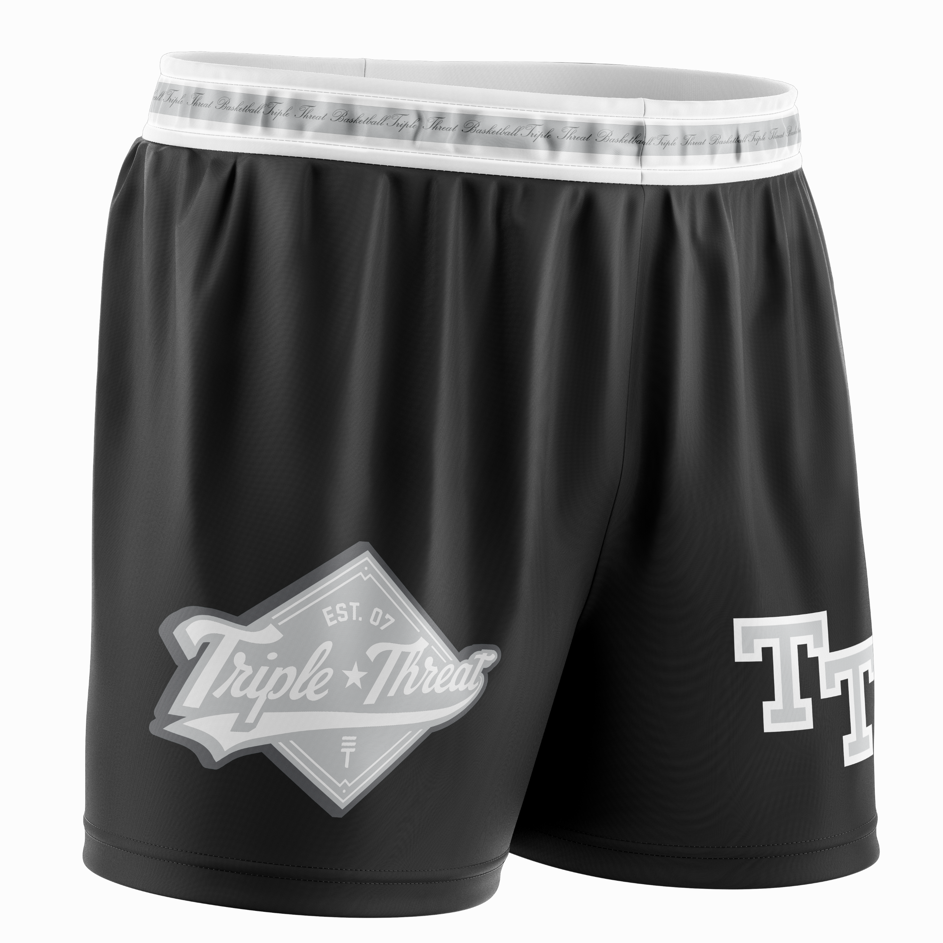 Black basketball shorts with white and grey trim around the waist with calligraphy "Triple Threat", a diamond triple Threat logo and "TT" 
