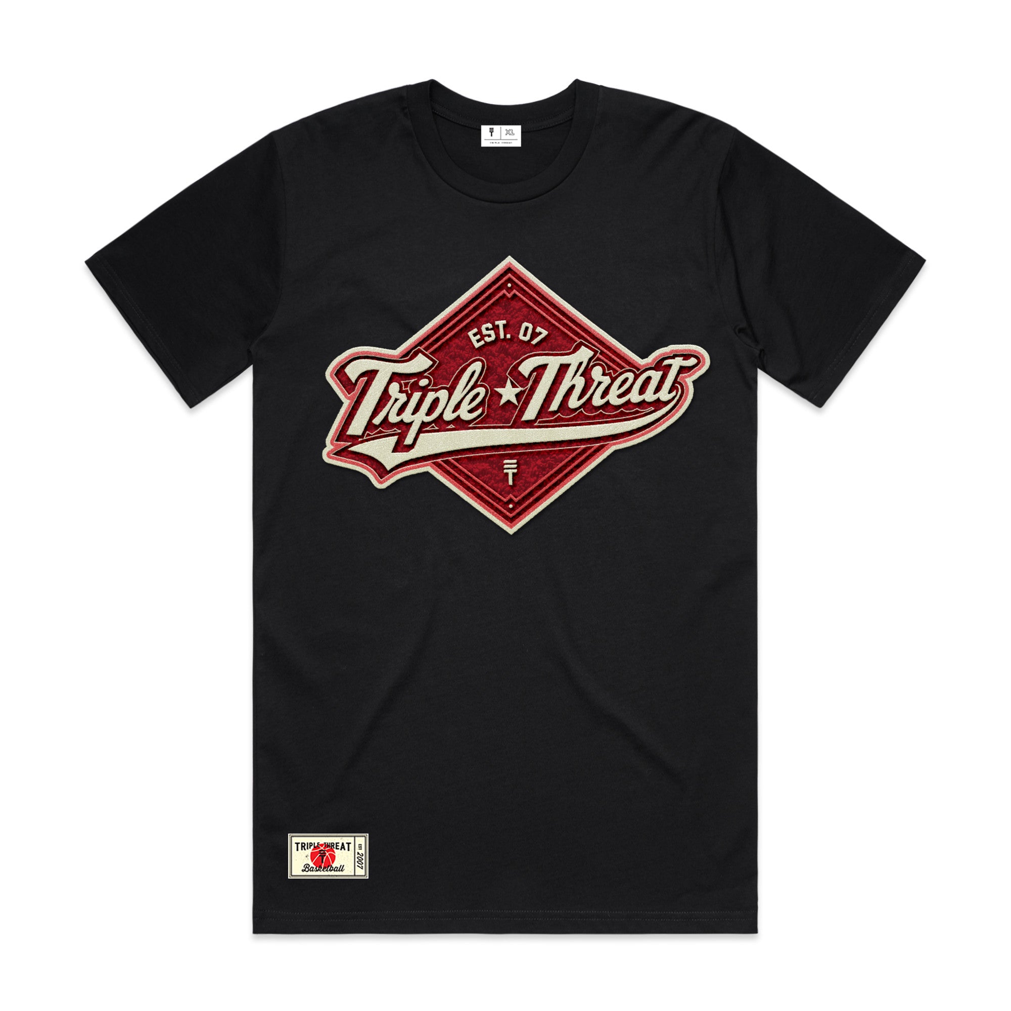 black t-shirt from Triple Threat with red diamond design with the text 'Triple Threat' inside 