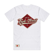 White Triple Threat T-shirt with red diamond design in center with 'Triple Threat' inside with the logo