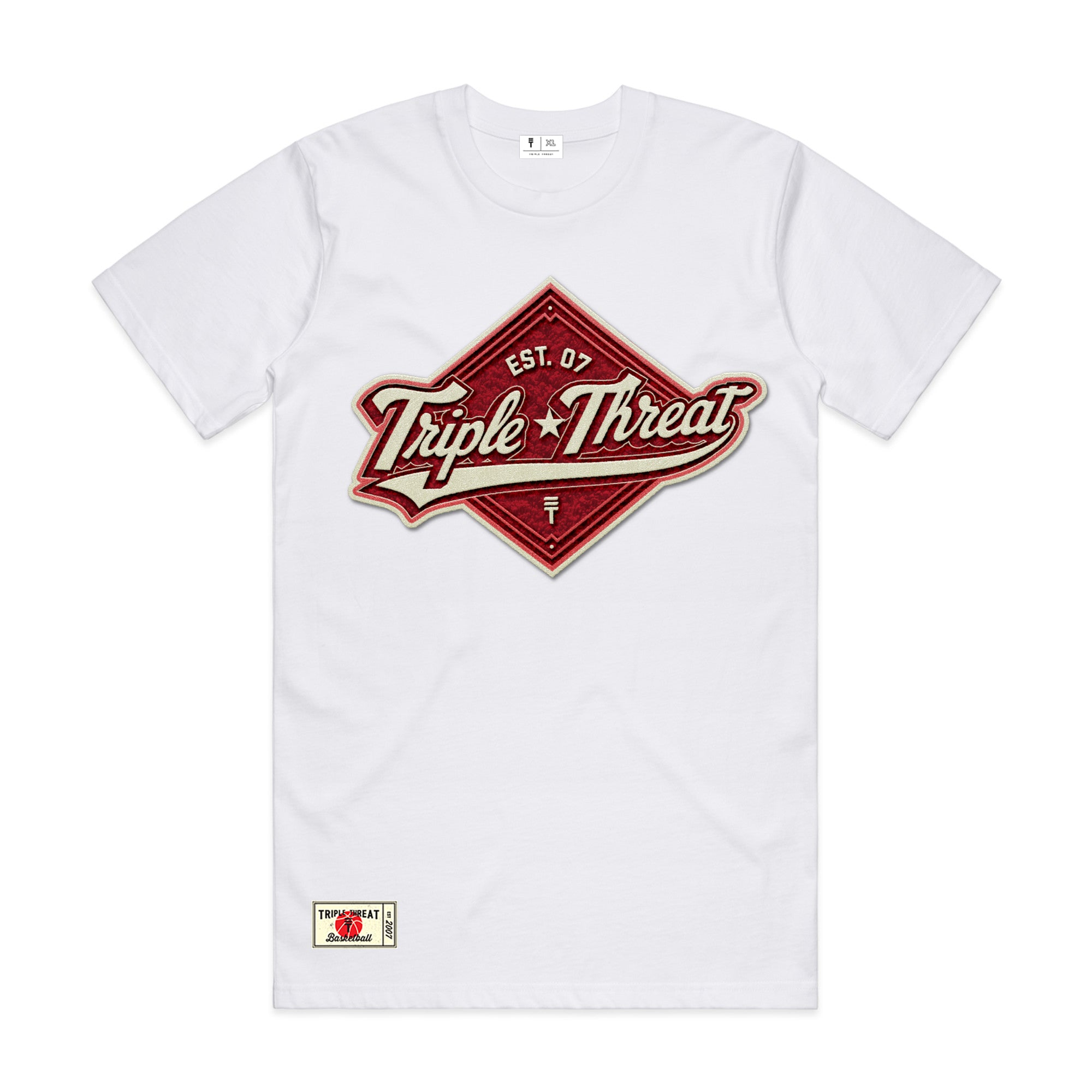 White Triple Threat T-shirt with red diamond design in center with 'Triple Threat' inside with the logo