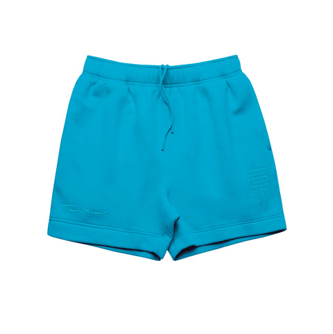 Blue fleece shorts with the Triple Threat logo and "Triple Threat" script embroidered in blue