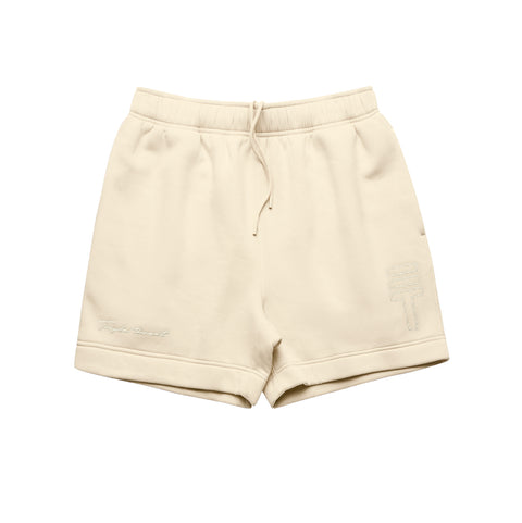 cream fleece shorts with embroidered Triple Threat logo and 'Triple Threat' in calligraphy