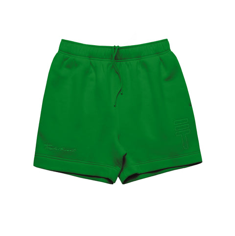 Green fleece shorts with embroidered 'Triple Threat' calligraphy and the Triple Threat logo