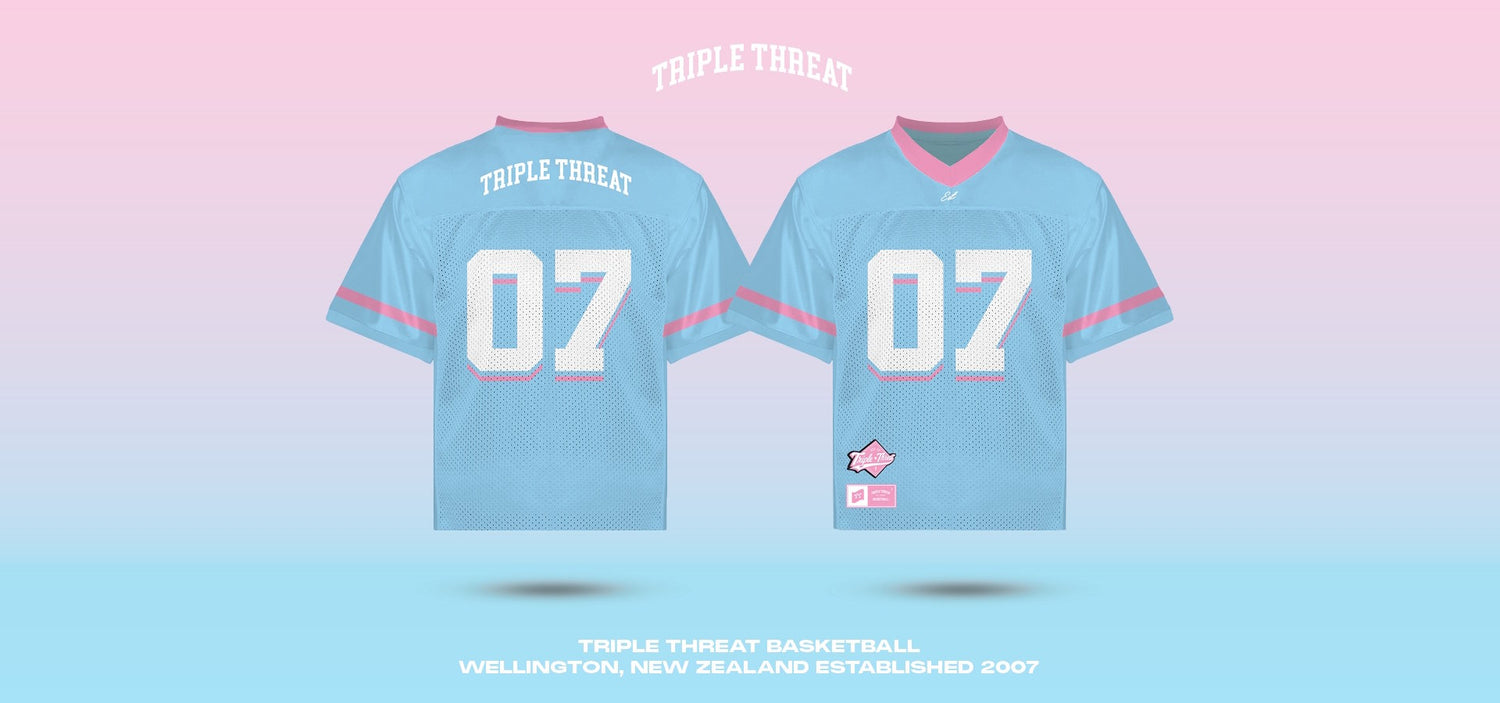 Light blue football jerseys with 'Triple Threat' branding on a pink gradient background