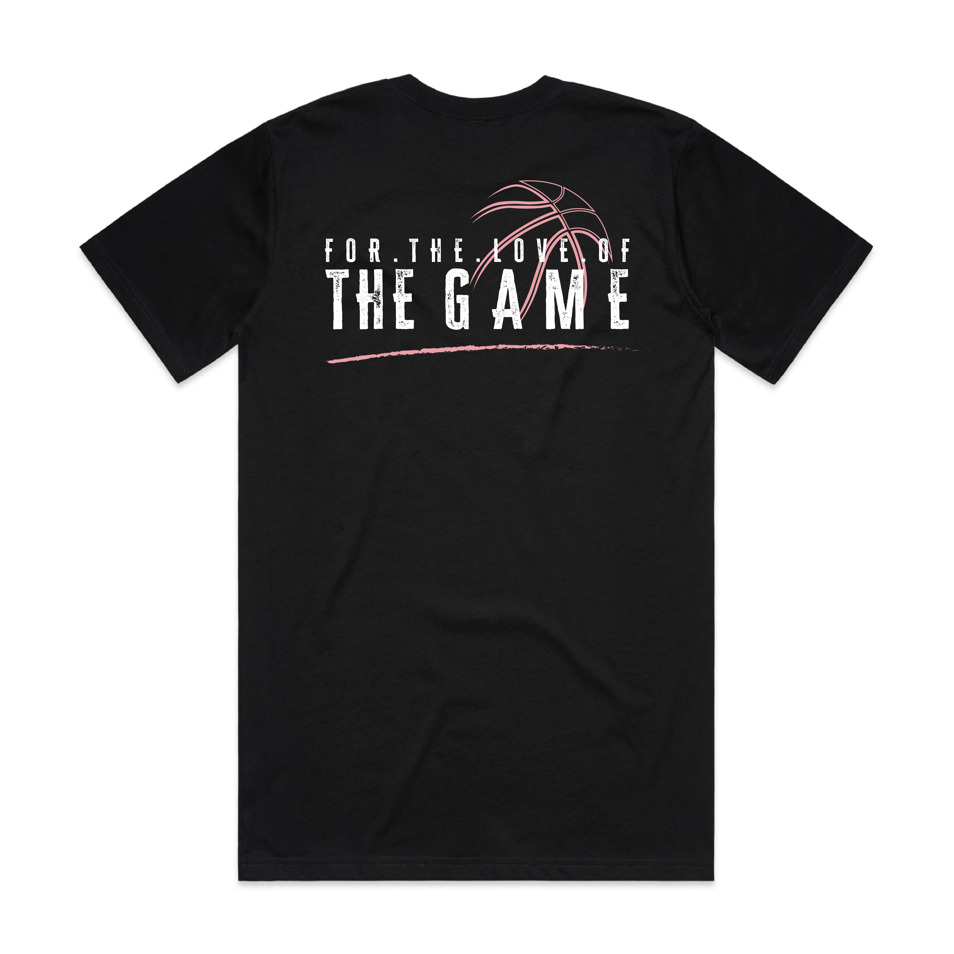 Black triple threat t-shirt with "for the love of the game" text in the center with a basketball design