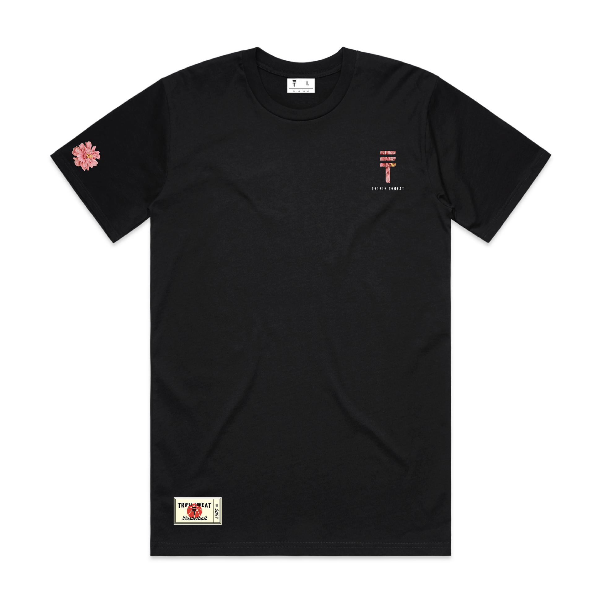 front view of black t-shirt with the Triple Threat logo and a flower on the sleeve in pink 
