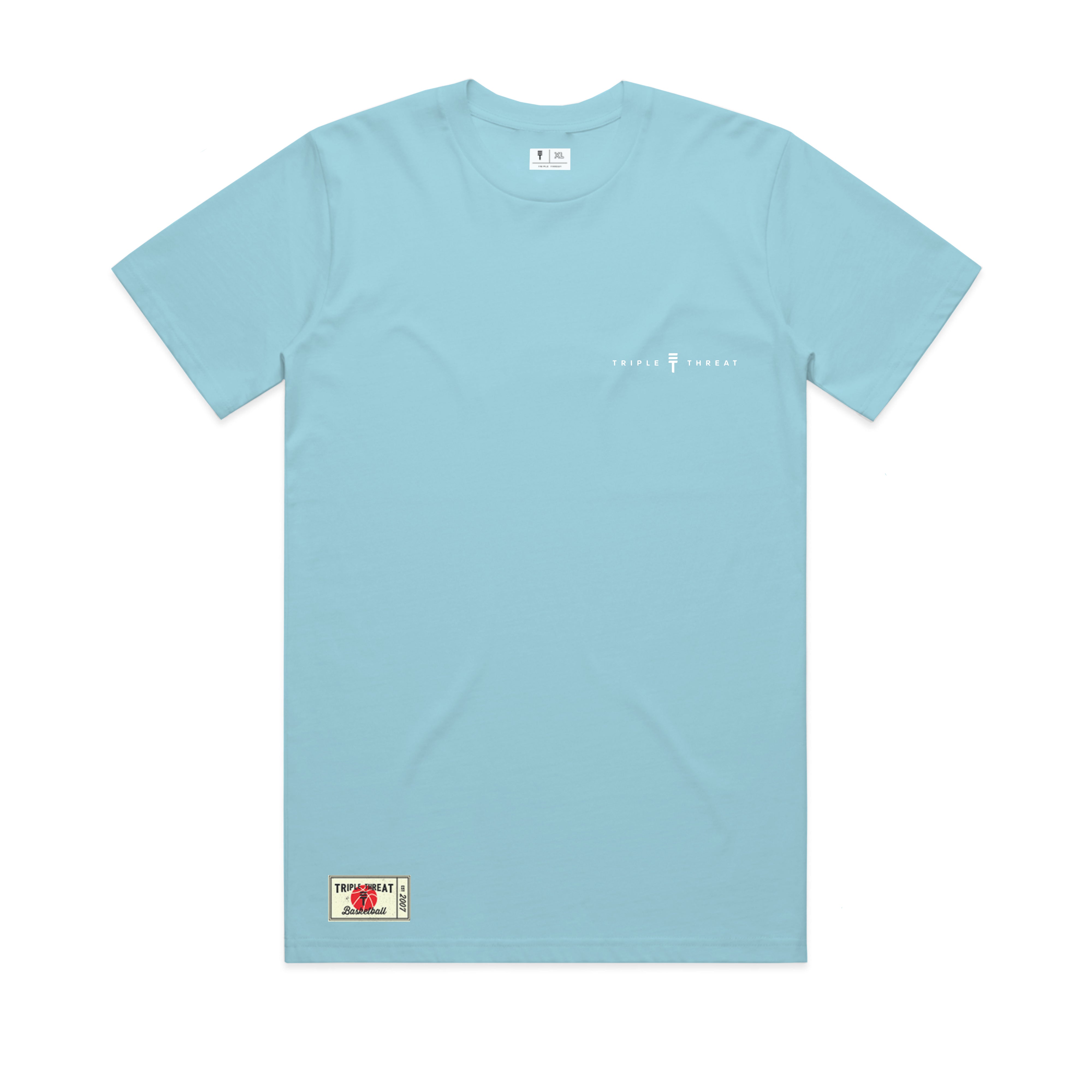 Baby blue Triple Threat T-shirt with branding and logo in white with a brand patch at the bottom corner