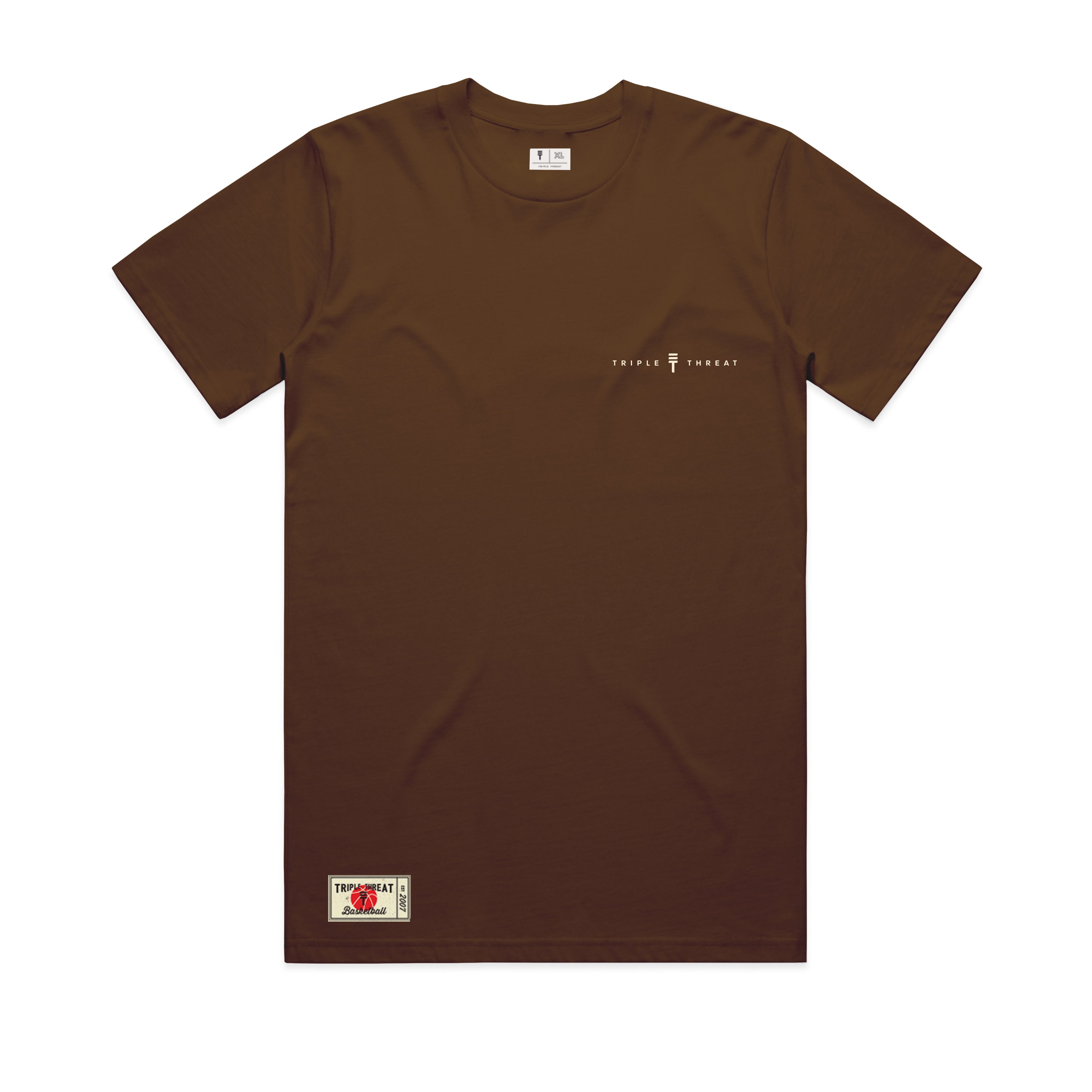 Front view of brown t-shirt with the Triple Threat logo and text in white with a branding pouch at the bottom