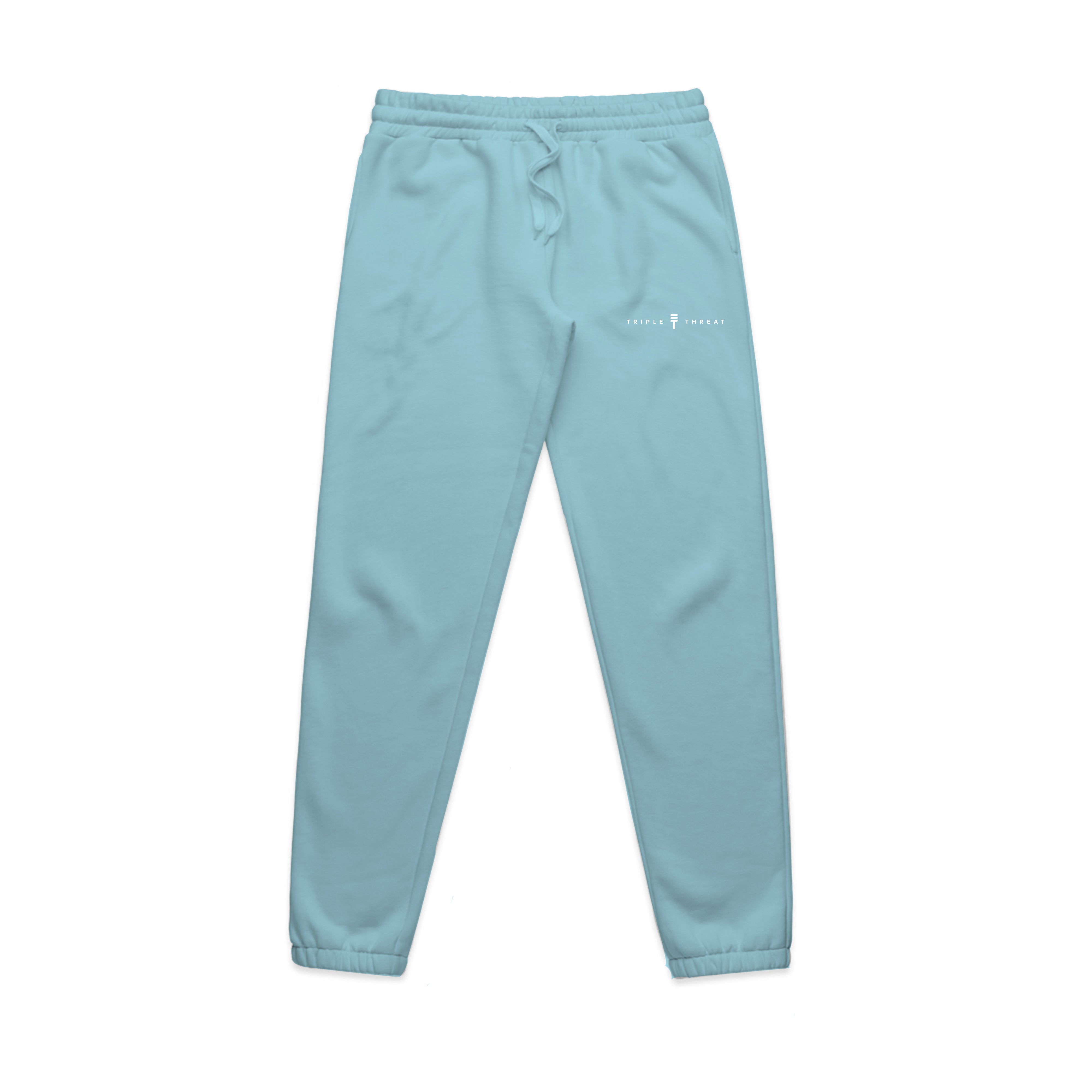 baby blue Triple Threat track pants with white logo and brand name