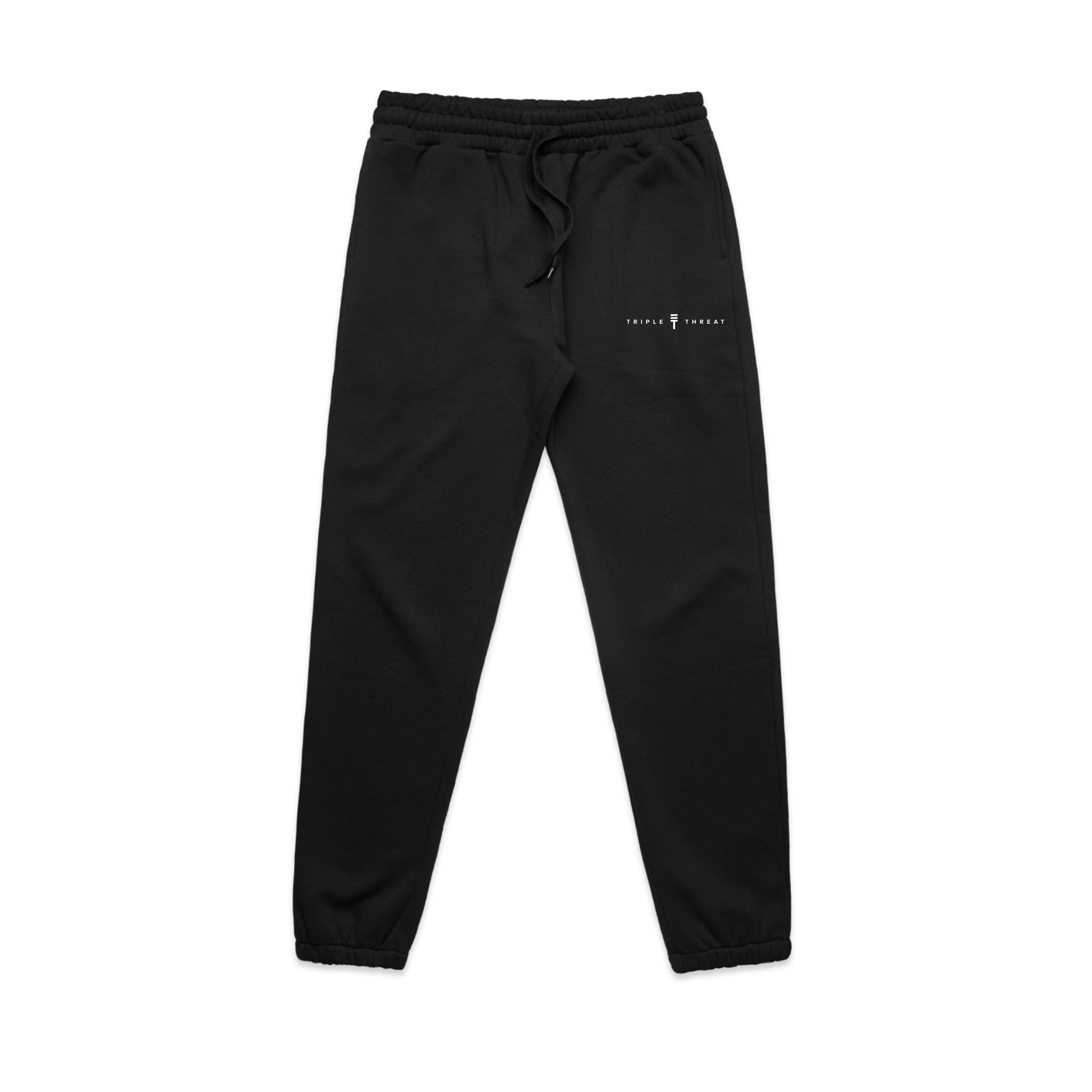 black Triple Threat track pants with elasticated waist and cuffs and the text "Triple Threat" in white and the logo 