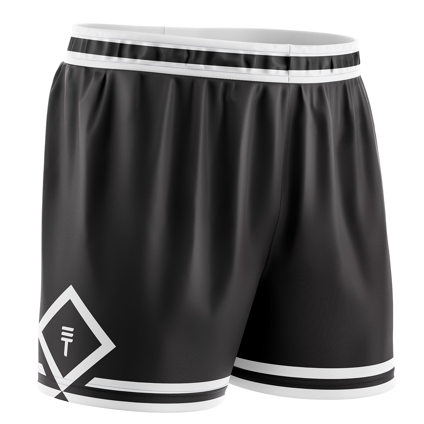 Black basketball shorts with white accents on a white background