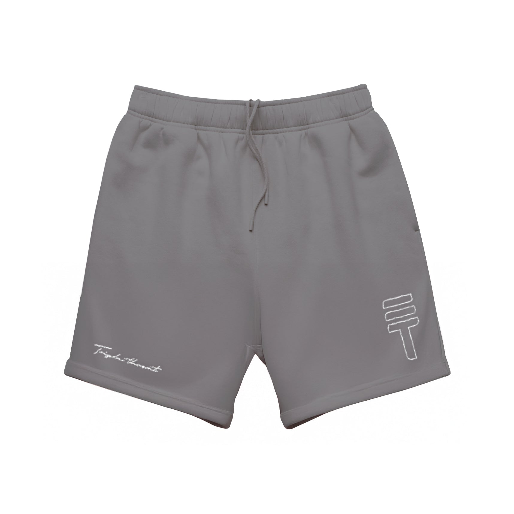 Kids grey fleece shorts with white Triple Threat branding on a white background