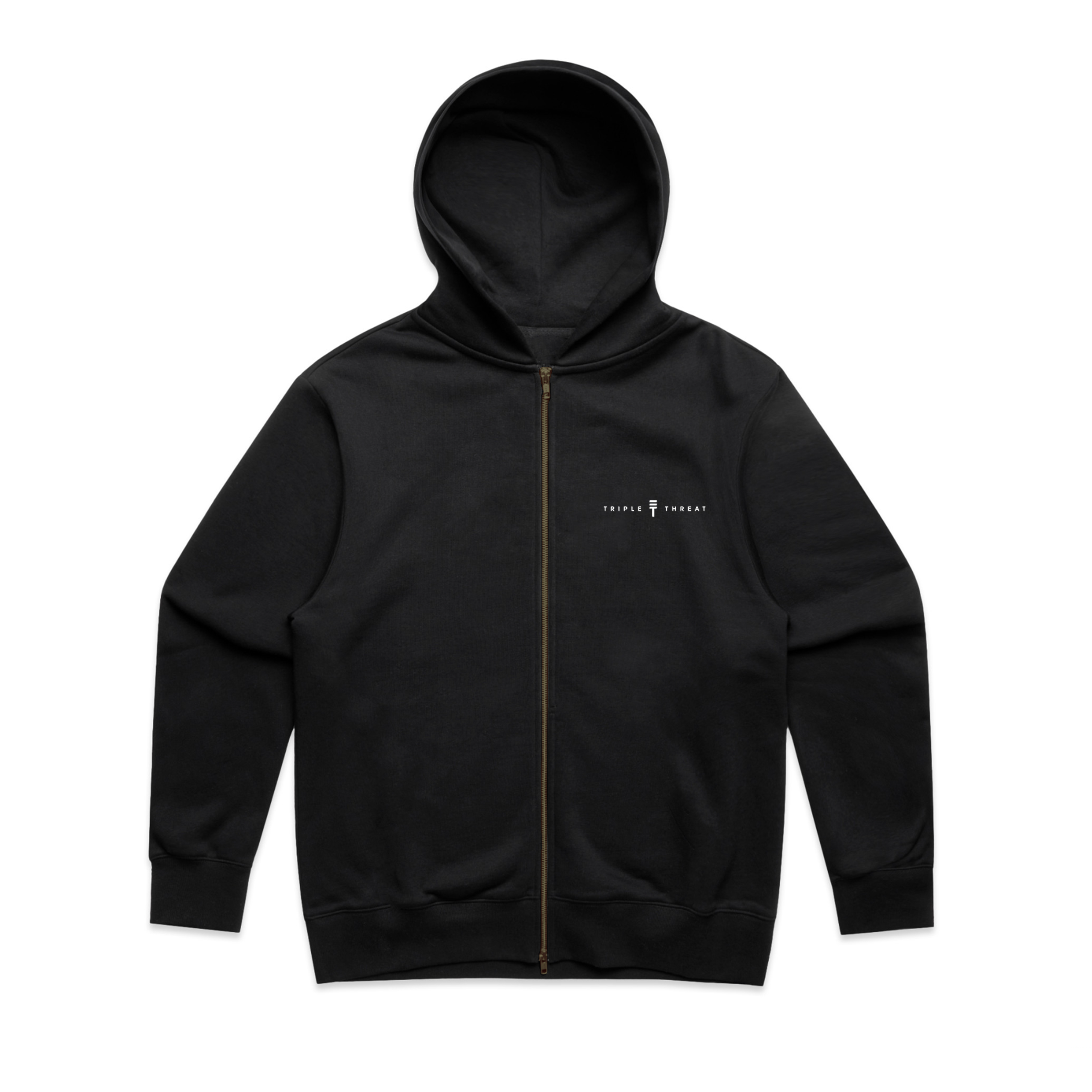 Kids black zip hoodie with a small design of the Triple Threat logo and 'Triple Threat' in white text