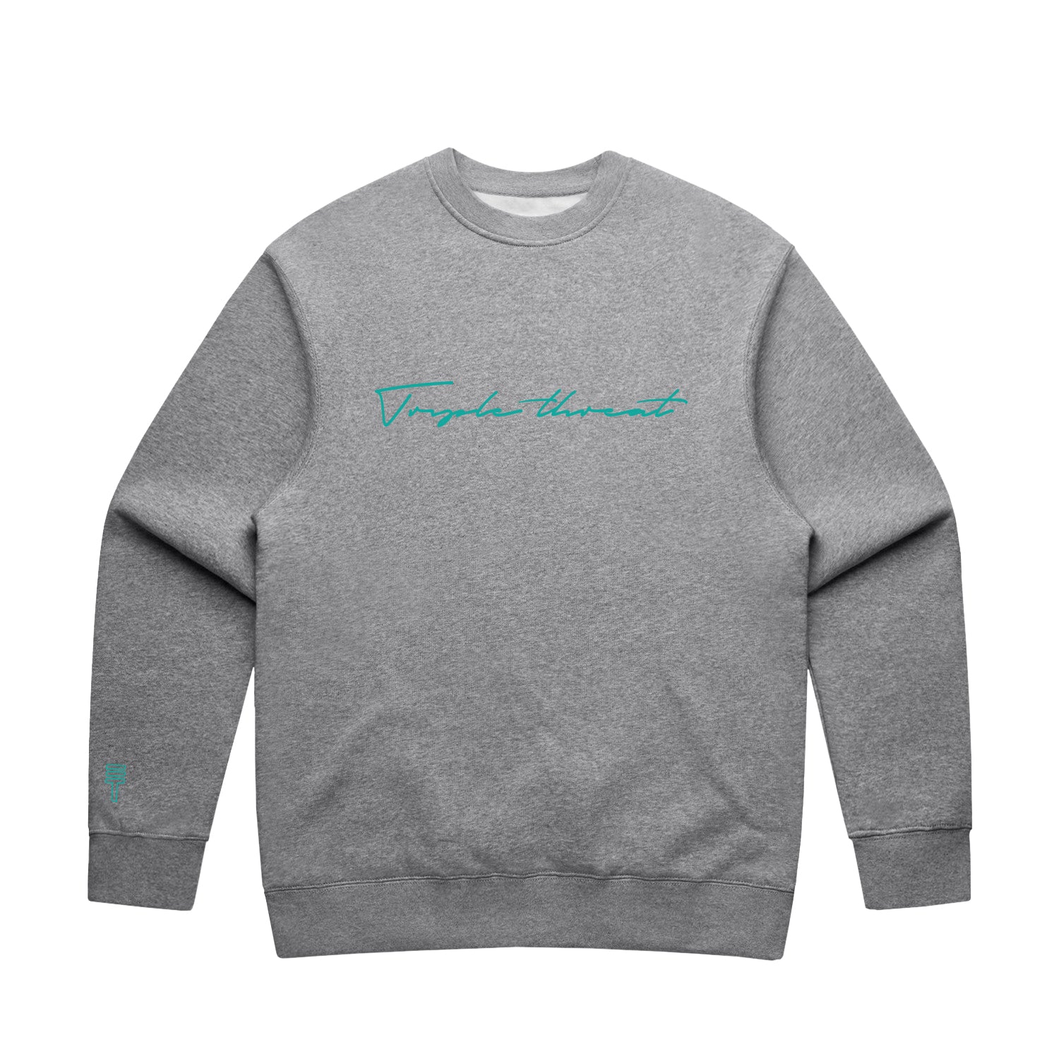 Light grey kids sweatshirt with teal embroidered Triple Threat script logo on a white background