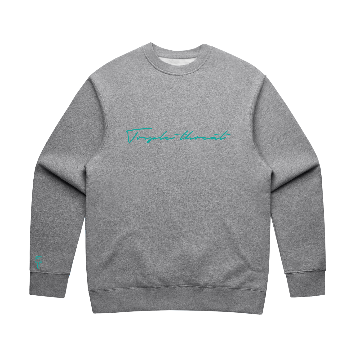 Light grey kids sweatshirt with teal embroidered Triple Threat script logo on a white background