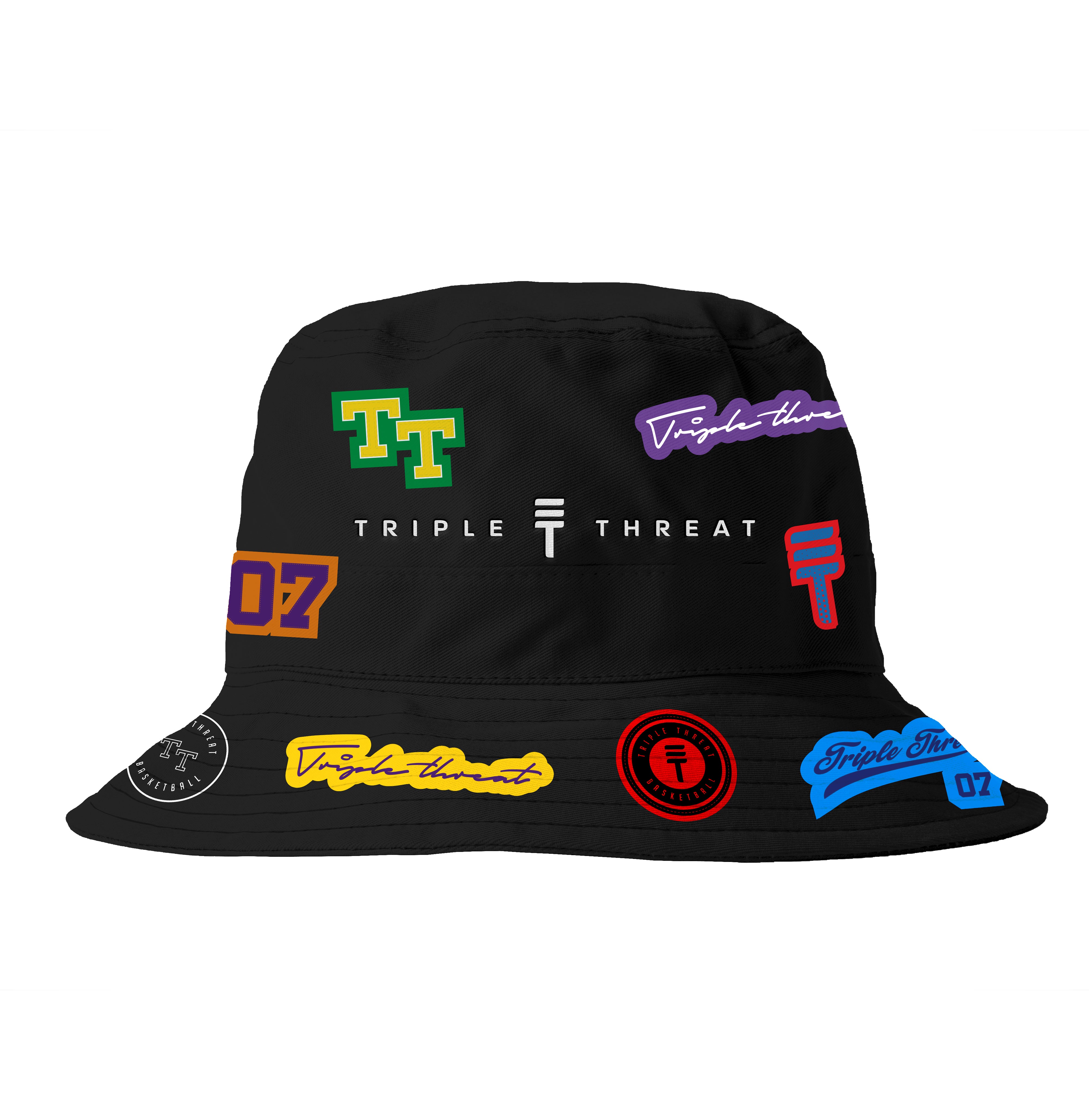 black kids bucket hat with colourful Triple Threat logos allover 