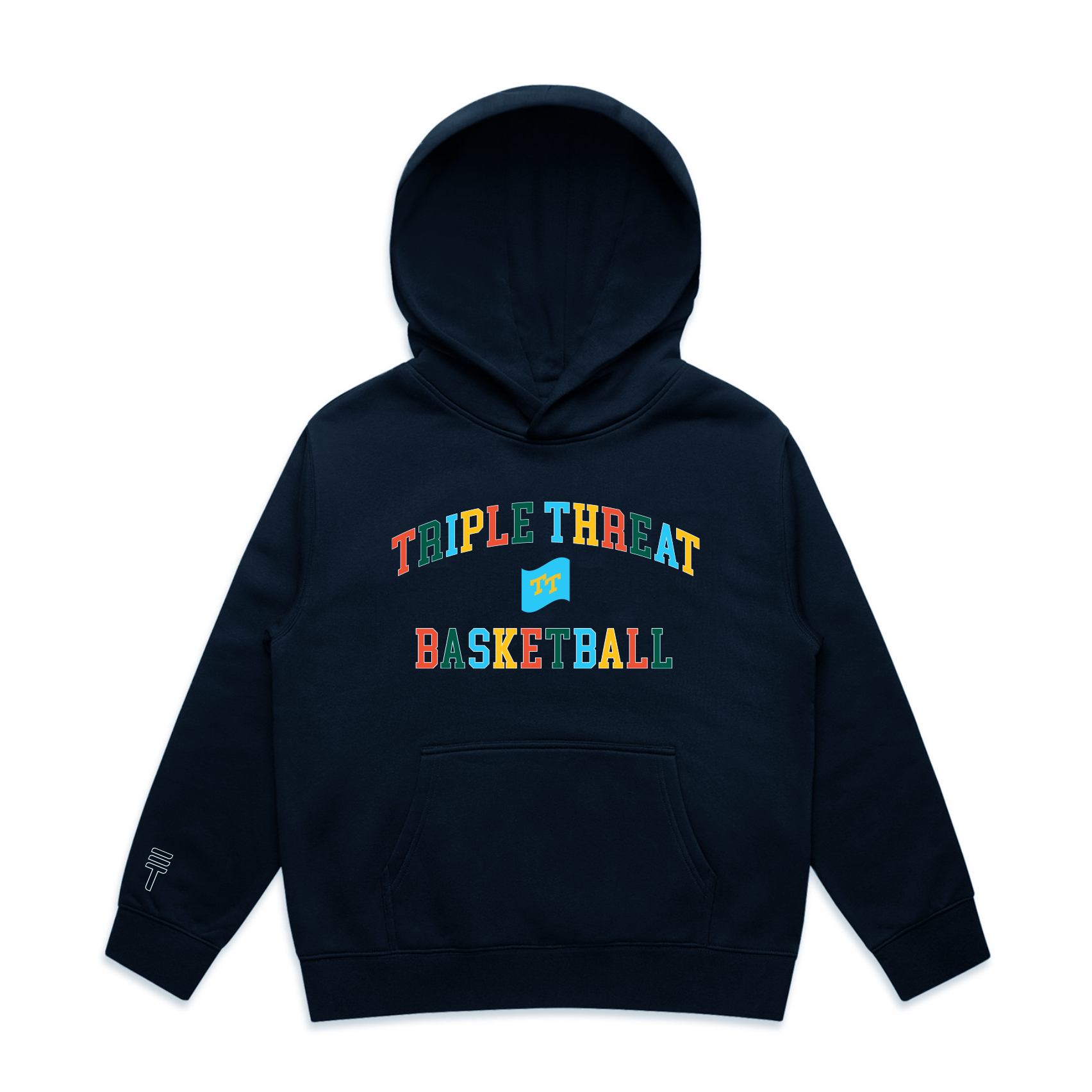 Dark Navy hoodie with colorful 'TRIPLE THREAT BASKETBALL' text on a white background