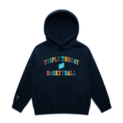 Dark Navy hoodie with colorful 'TRIPLE THREAT BASKETBALL' text on a white background