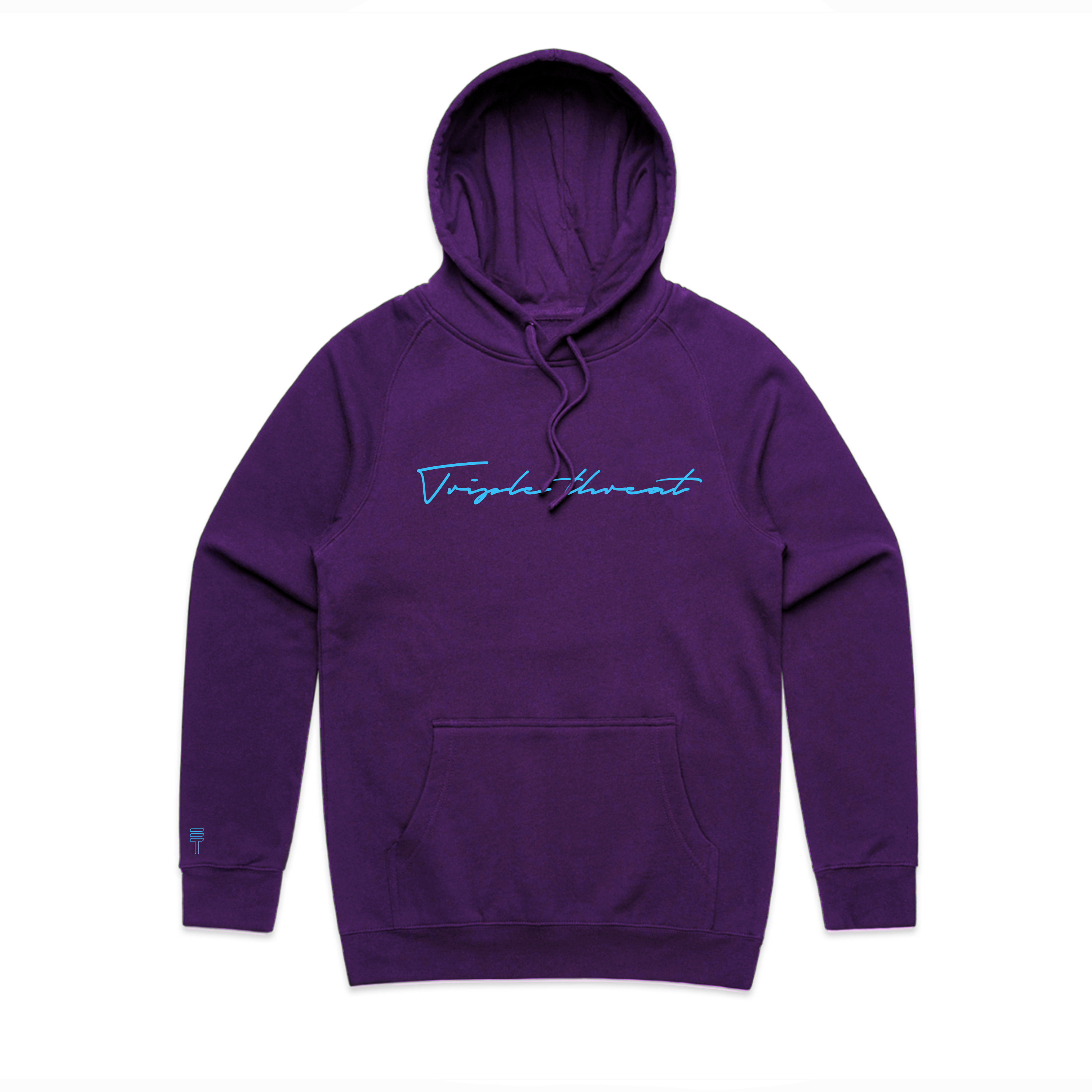 Kids purple hoodie with teal script of Triple Threat