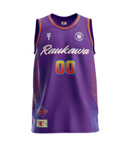 Kids Raukawa singlet in purple with Māori patterns on side, 'Raukawa' text in center with the Triple Threar and Raukawa basketball logos