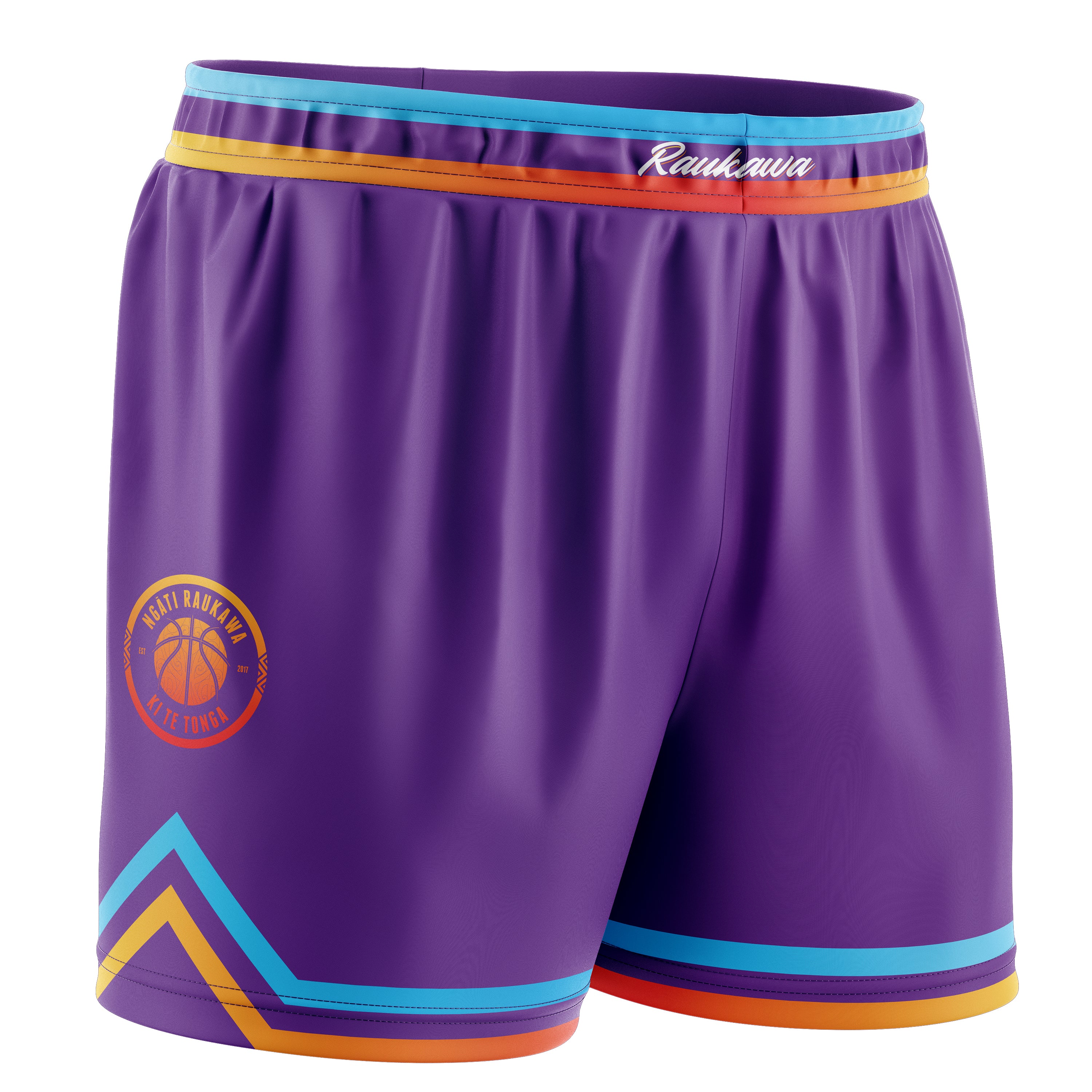 Kids Raukawa fade shorts in purple with blue and orange trim on seam and hem featuring the Raukawa basketball logo