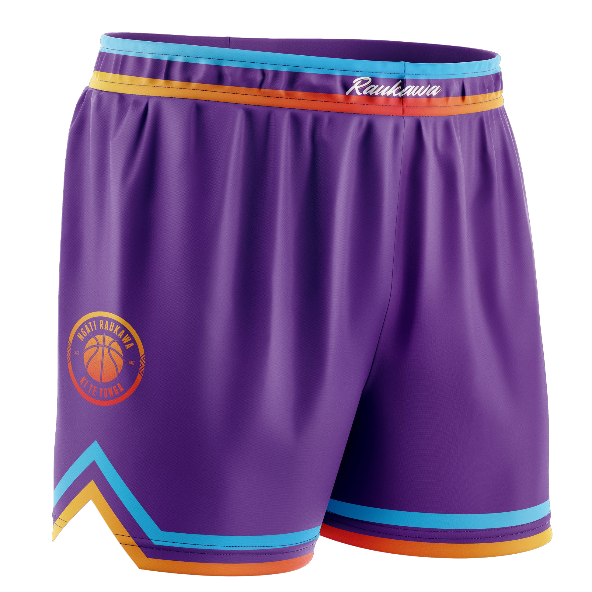 Kids Raukawa fade shorts in purple with blue and orange trim on seam and hem featuring the Raukawa basketball logo
