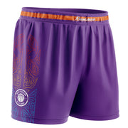 Kids purple Raukawa basketball singlet with a Maori inspired design on the side featuring the Raukawa Logo and text 