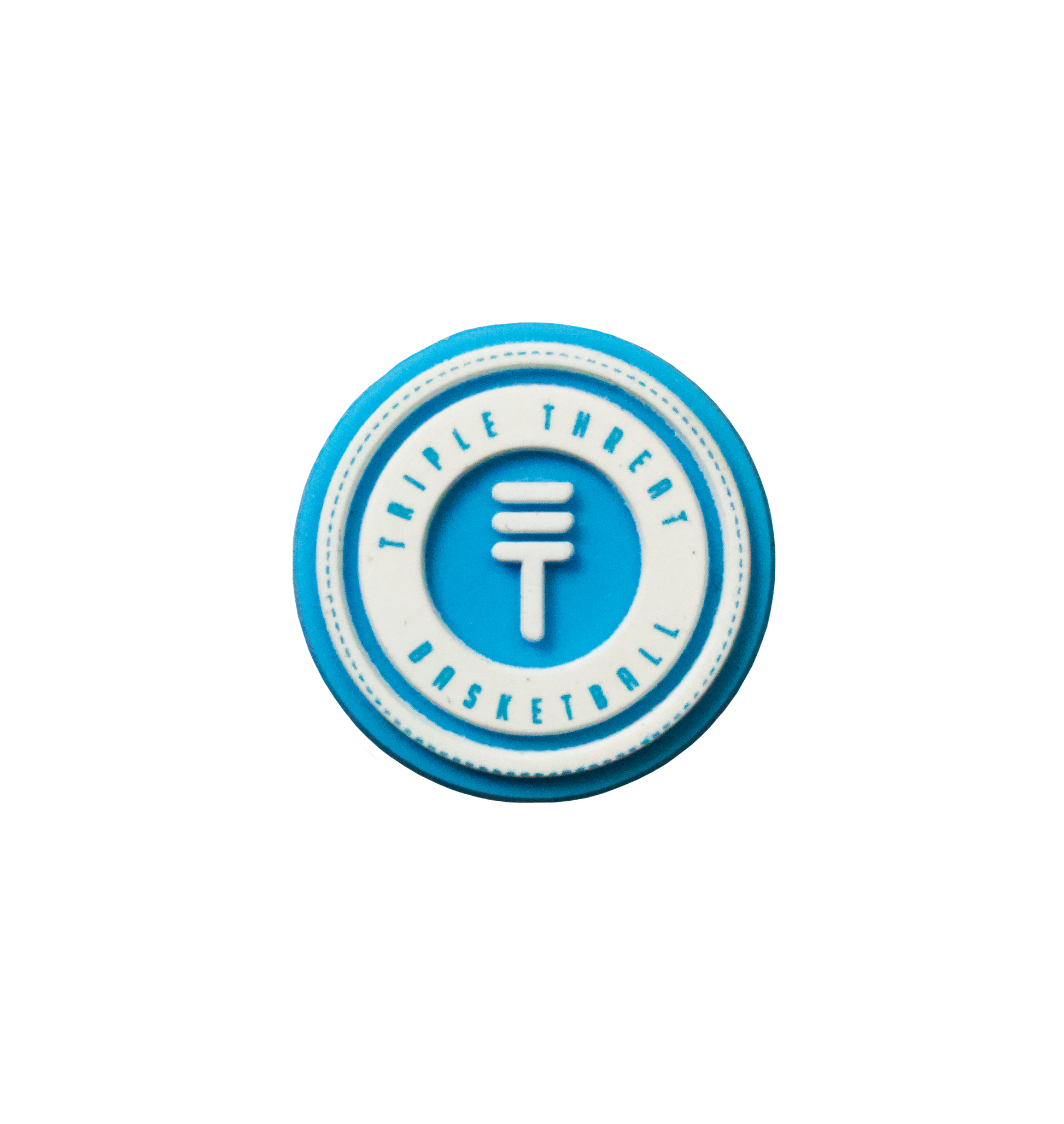 Triple Threat Jibbitz in blue and white with the text 'Triple Threat Basketball' and the Triple Threat logo