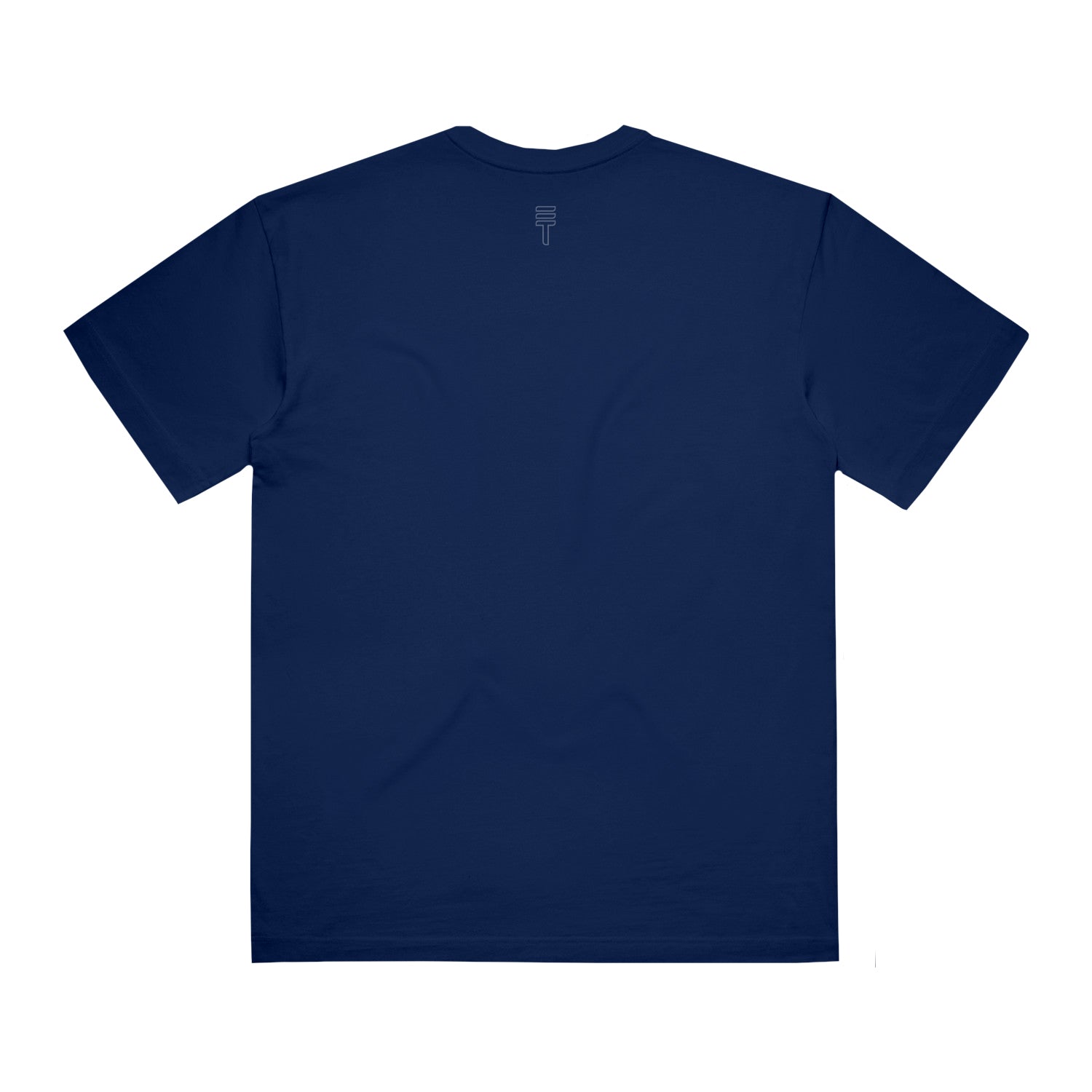 Back view of a navy blue t-shirt on a white background