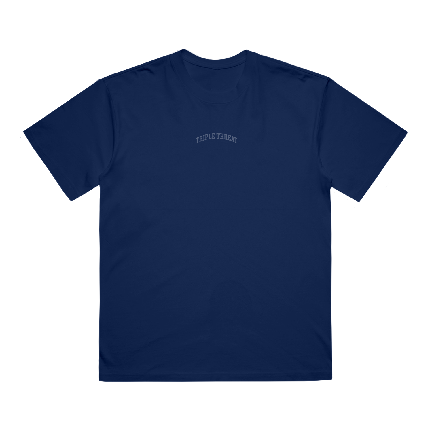 Navy blue t-shirt with 'Triple Threat' logo on a white background