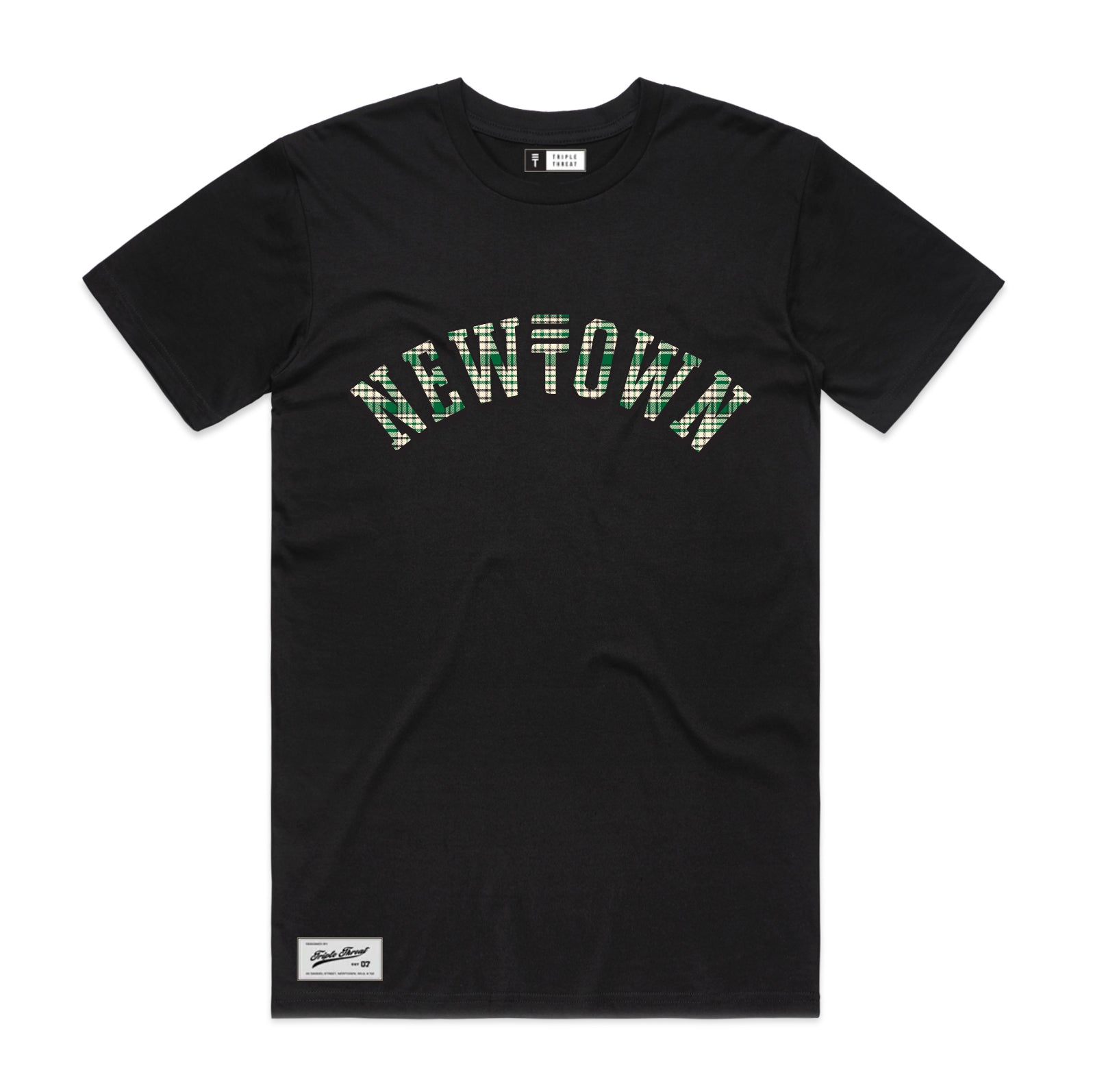 Black triple threat t-shirt with green plaid block 'NEWTOWN' design in center 