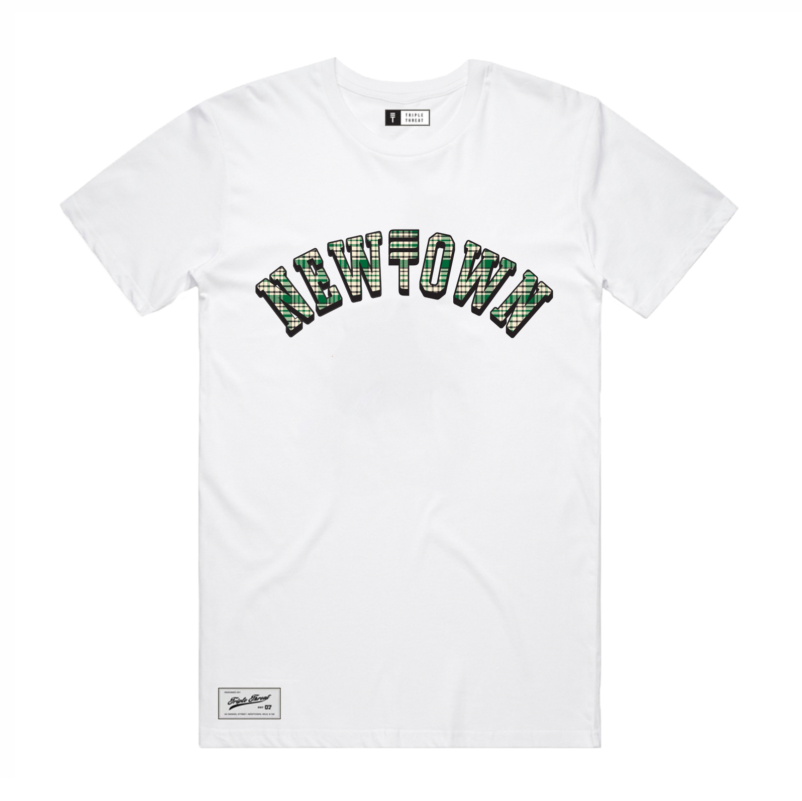 White t-shirt with green, cream and black plaid bold text of 'NEWTOWN' in the center featuring a brand patch lower corner 