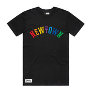 Black triple threat t-shirt with coloured text 'NEWTOWN' and logo