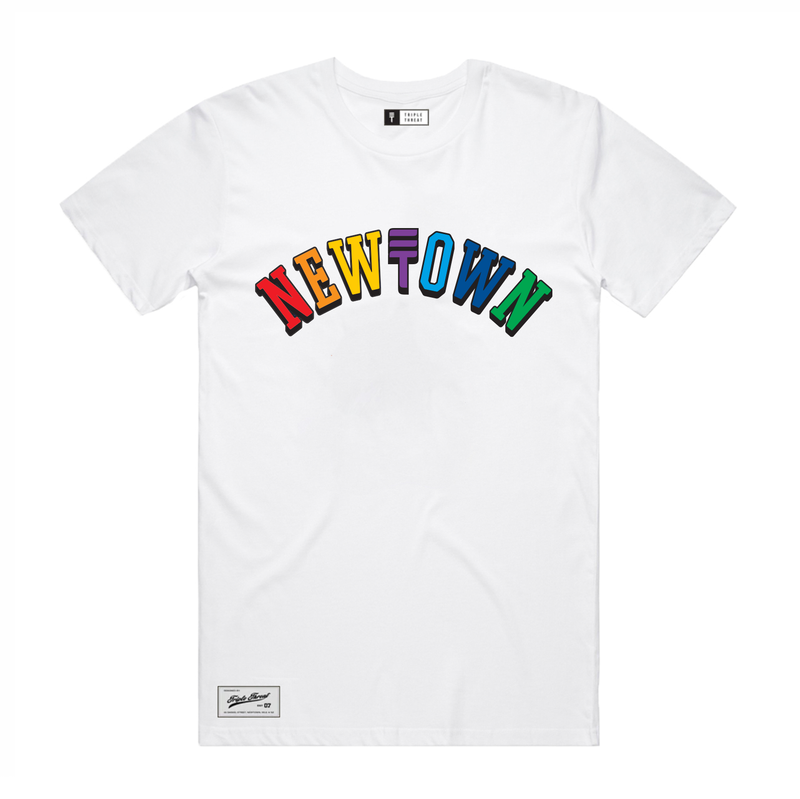 White t-shirt with 'NEWTOWN' text multicolored with triple threat logo in center 