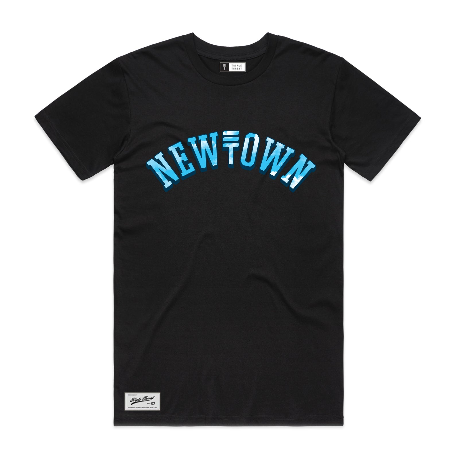 Black t-shirt with the blue sky and clouds coloring for the block text "NEWTOWN"
