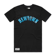 Black t-shirt with the blue sky and clouds coloring for the block text "NEWTOWN"