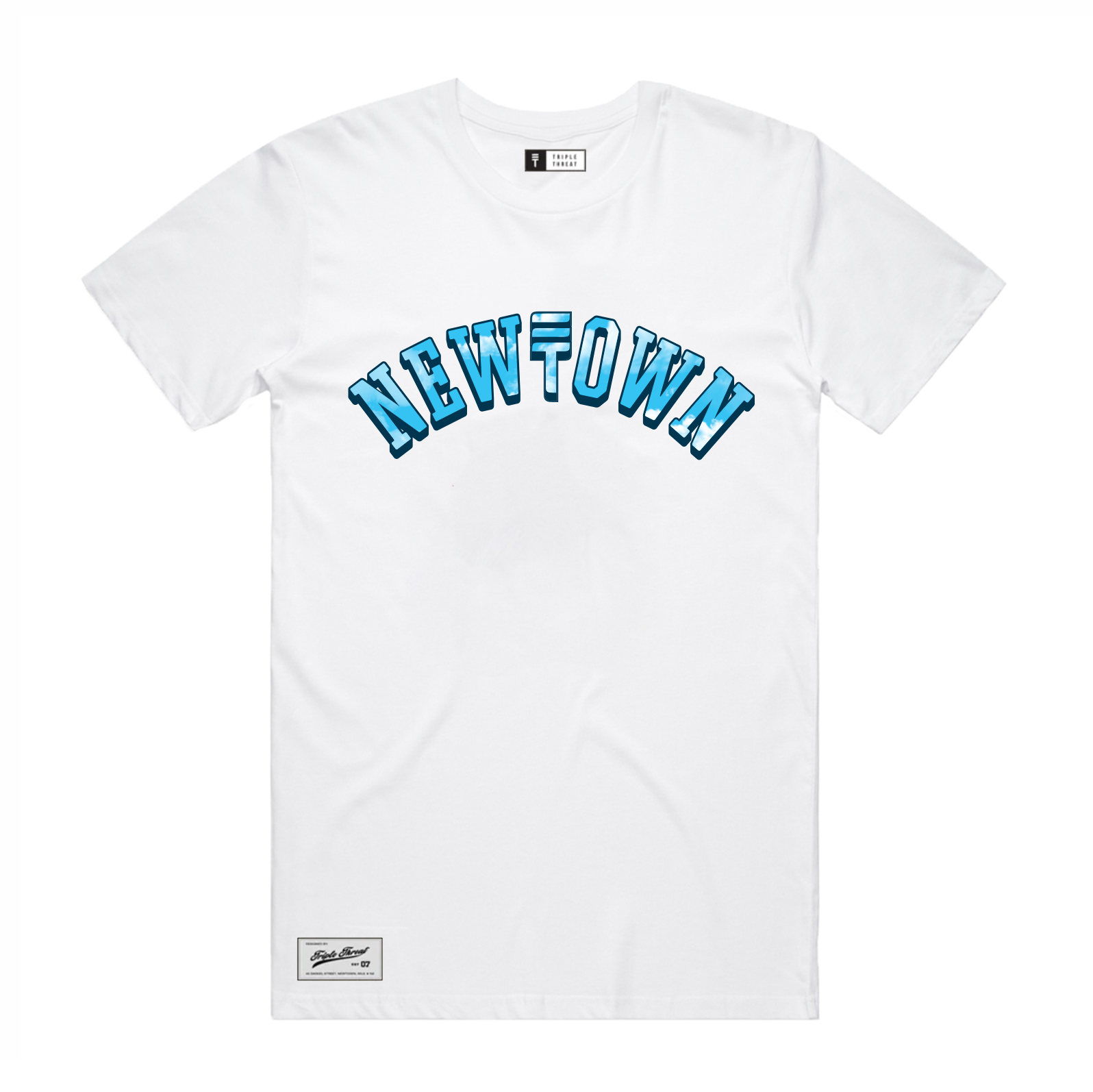 White t-shirt with "Newtown" text featuring the Triple Threat logo and a sky design for the block lettering