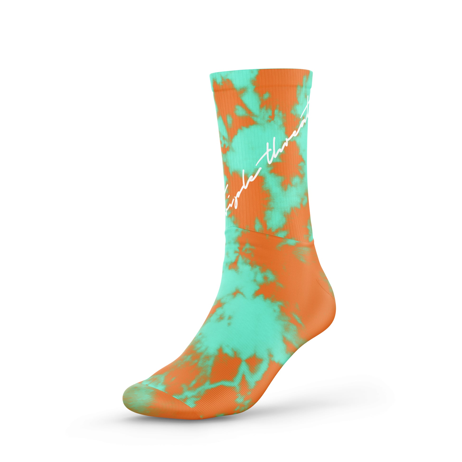 Green and orange tie dye design basketball socks from Triple Threat featuring  white 'Triple Threat' text in calligraphy 