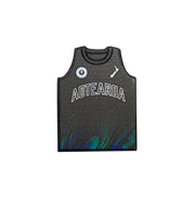 Triple Threat Jibbitz/Croc charm featuring a black and paua singlet with 'Aotearoa' text 