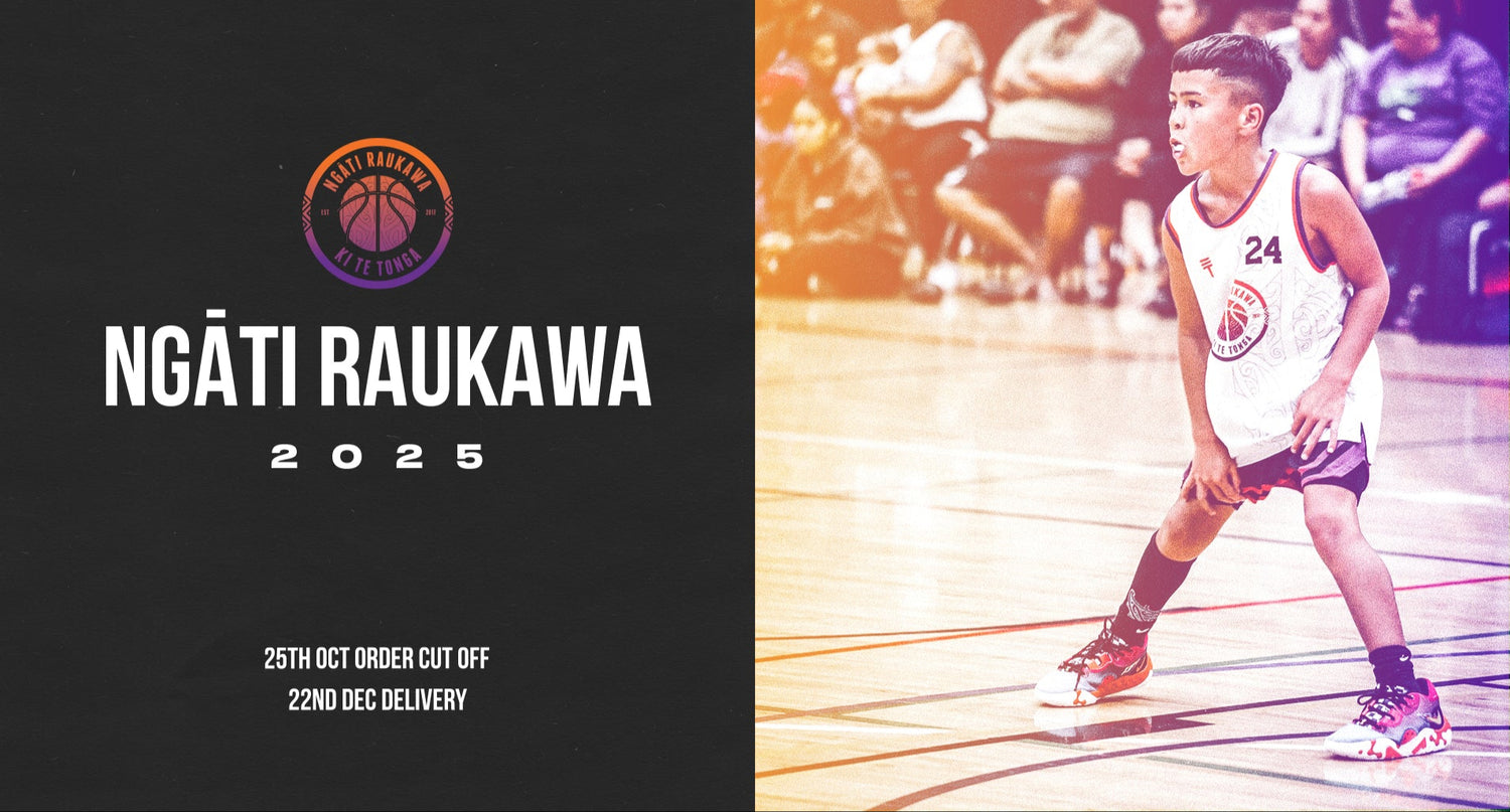 Basketball player in action with Ngati Raukawa branding on a dark background